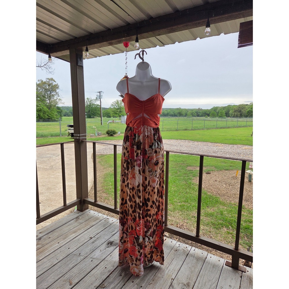 2b‎ Bebe Maxi Dress Small Coral Orange Cut Out Leopard Floral Mixed Print Boho